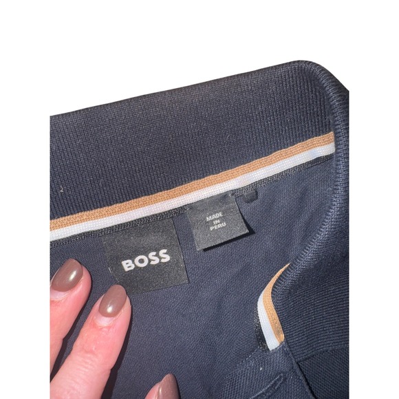 BOSS Men's Dark Navy Polo Shirt Pink Trim Logo Embroidery Size M - Picture 5 of 6